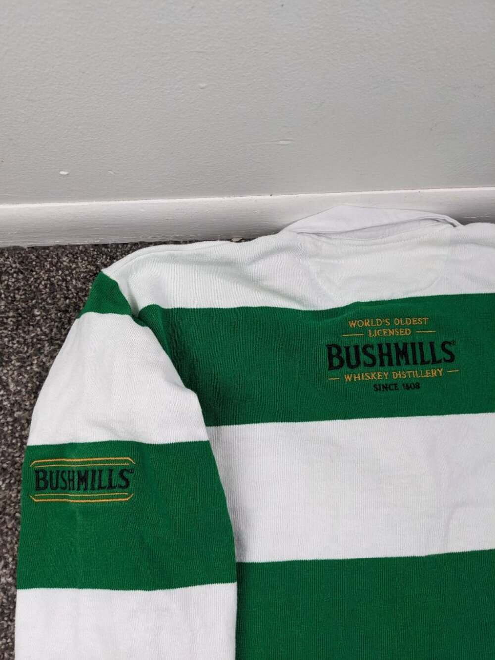 Barbarian Rugby Wear Bushmills Whiskey L/S Embroidered Green Striped Mens Small - Picture 2 of 13